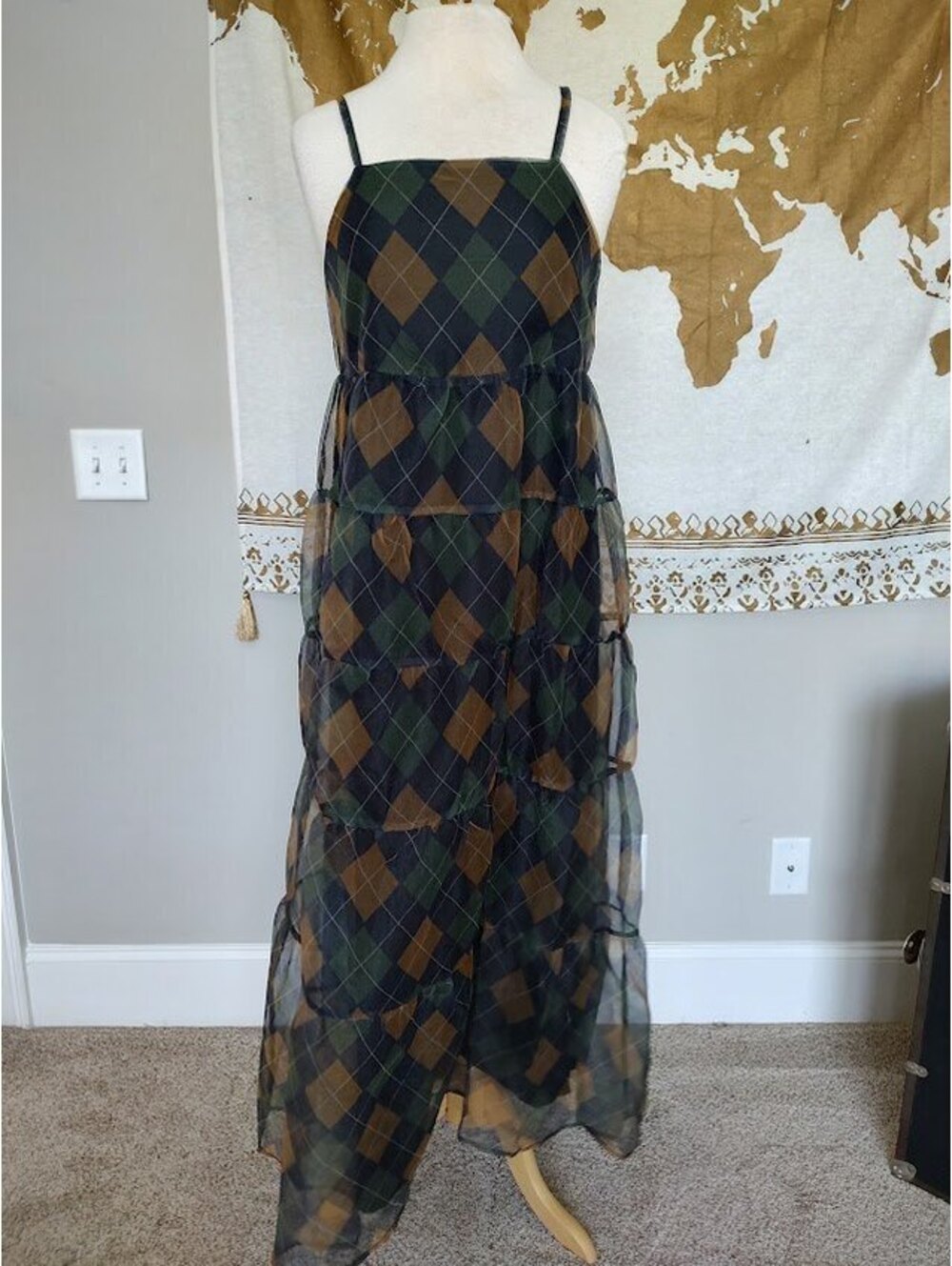 NWT Sugarlips Green & Gold Argyle Pattern Sheer Maxi Dress with Spaghetti Straps